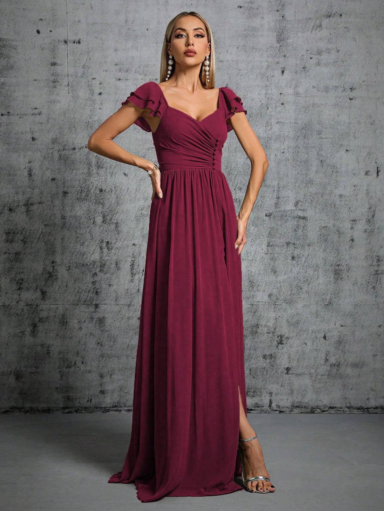 Horseshoe collar ruffled sleeves clasp open evening dress