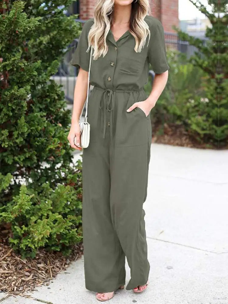 Lapel Neck Short Sleeve Long Jumpsuit