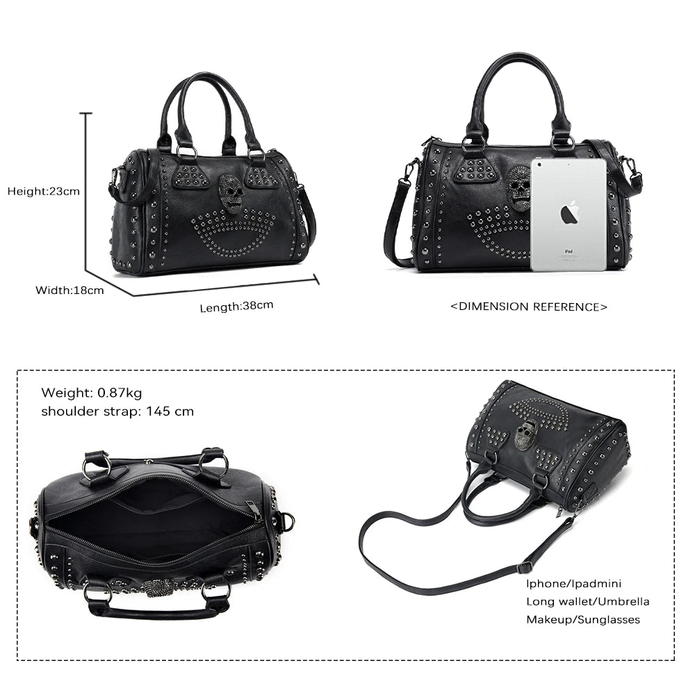 Luxury Pu Leather Boston Black Skull Handbag