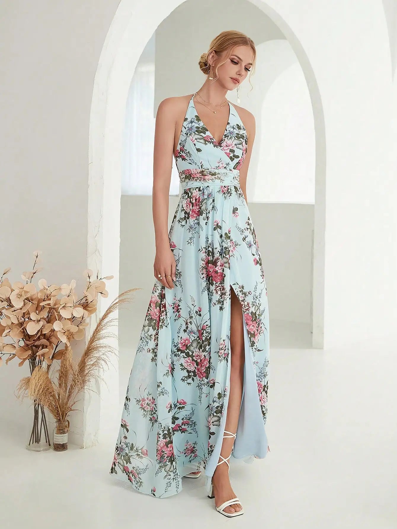 Strap halter split Dress Evening Gown