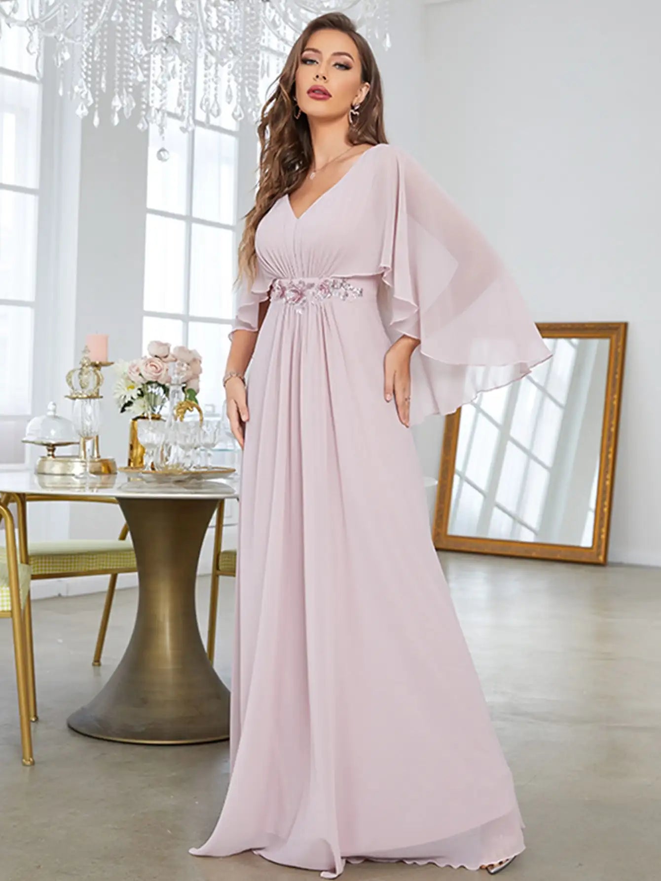 Flared sleeve sequin machine embroidered applique dress