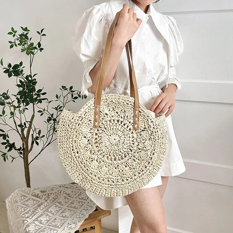 Round Straw Women Vacation Woven Beach Shoulder Bag