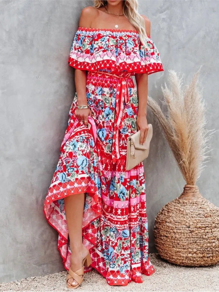 Boho  Print Slash Neck Maxi Dress