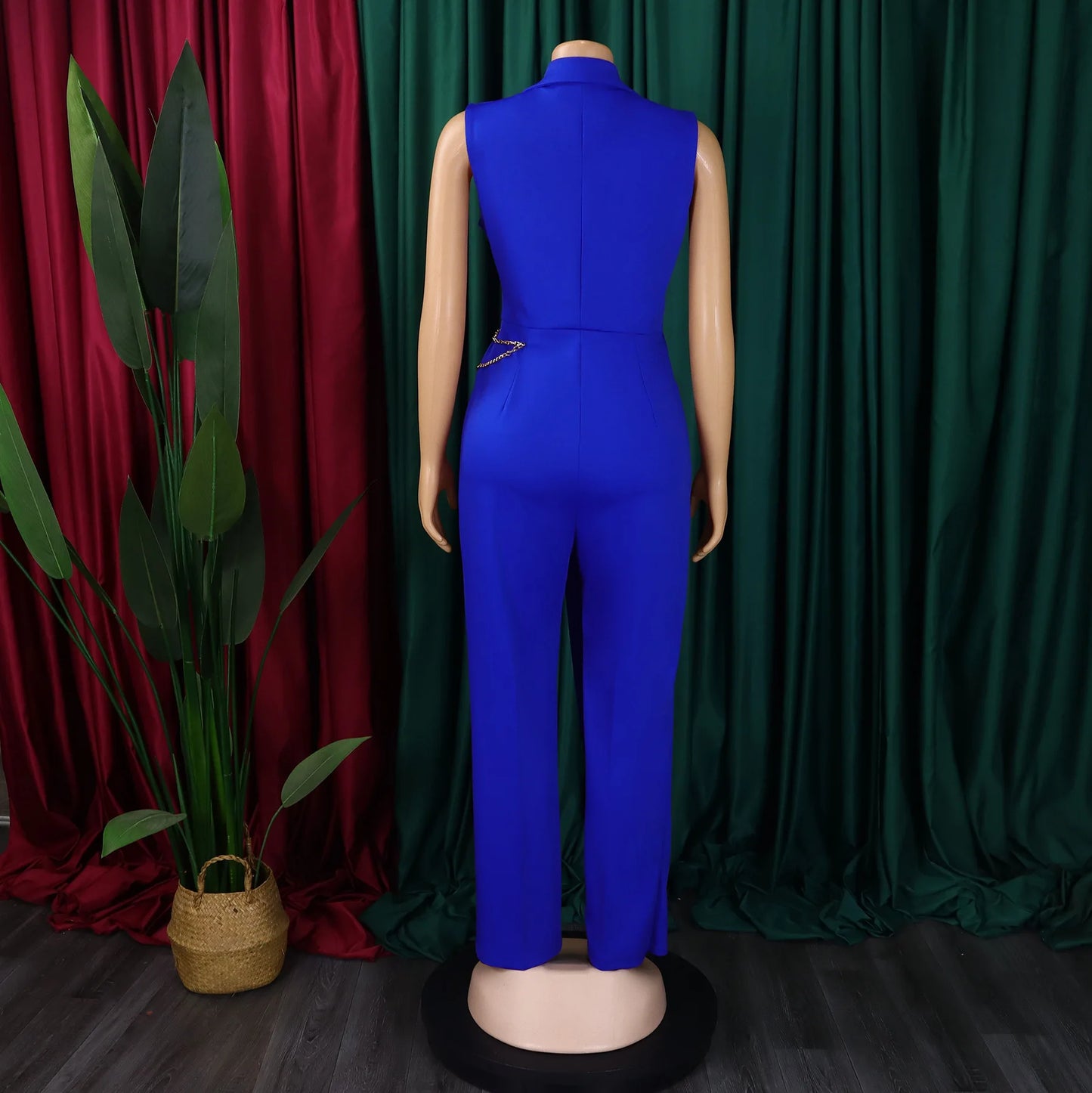 Turn Down Collar V Neck Sleeveless Elegant Jumpsuit