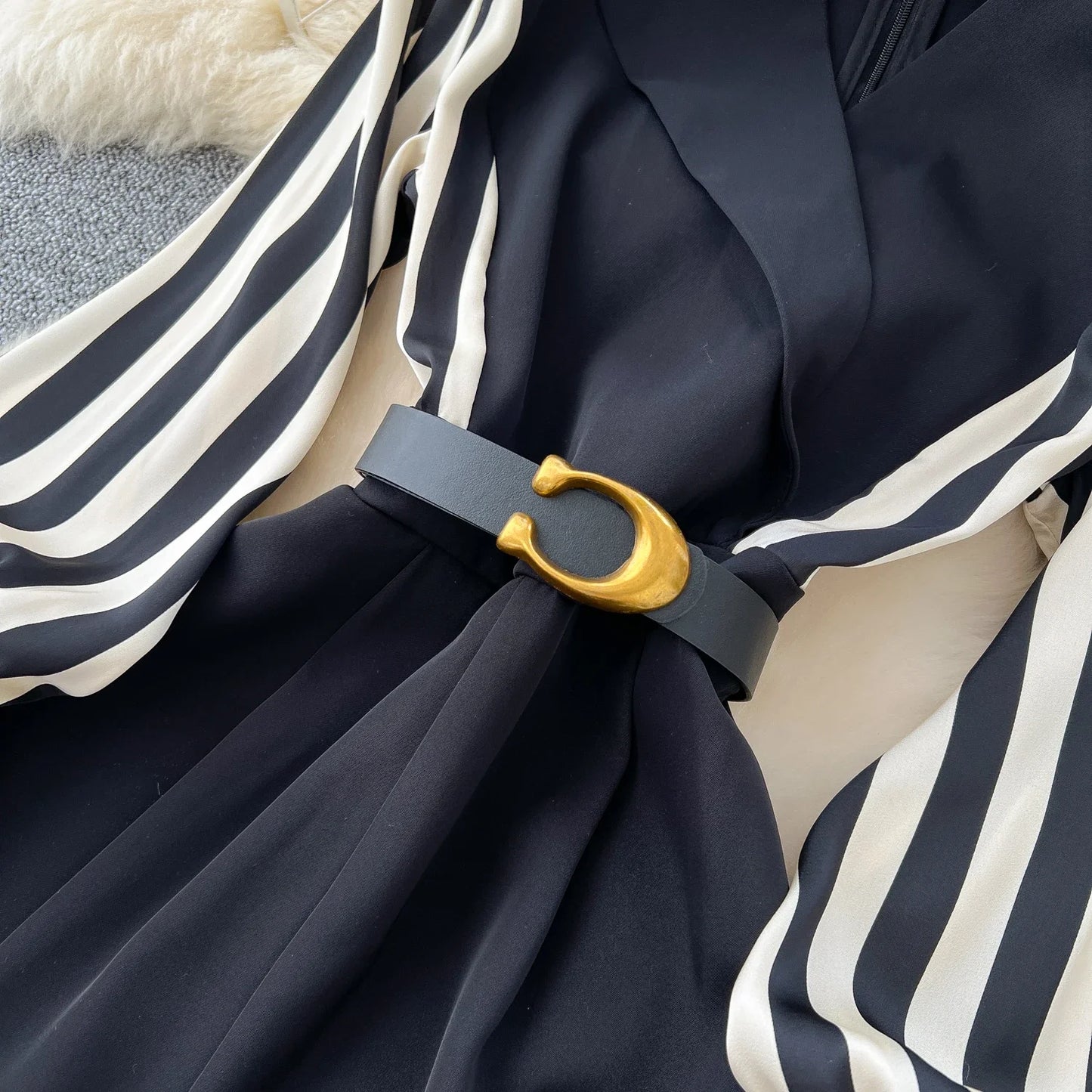 Vintage V-neck Long Lantern Sleeve Slim Sashes Patchwork Jumpsuit