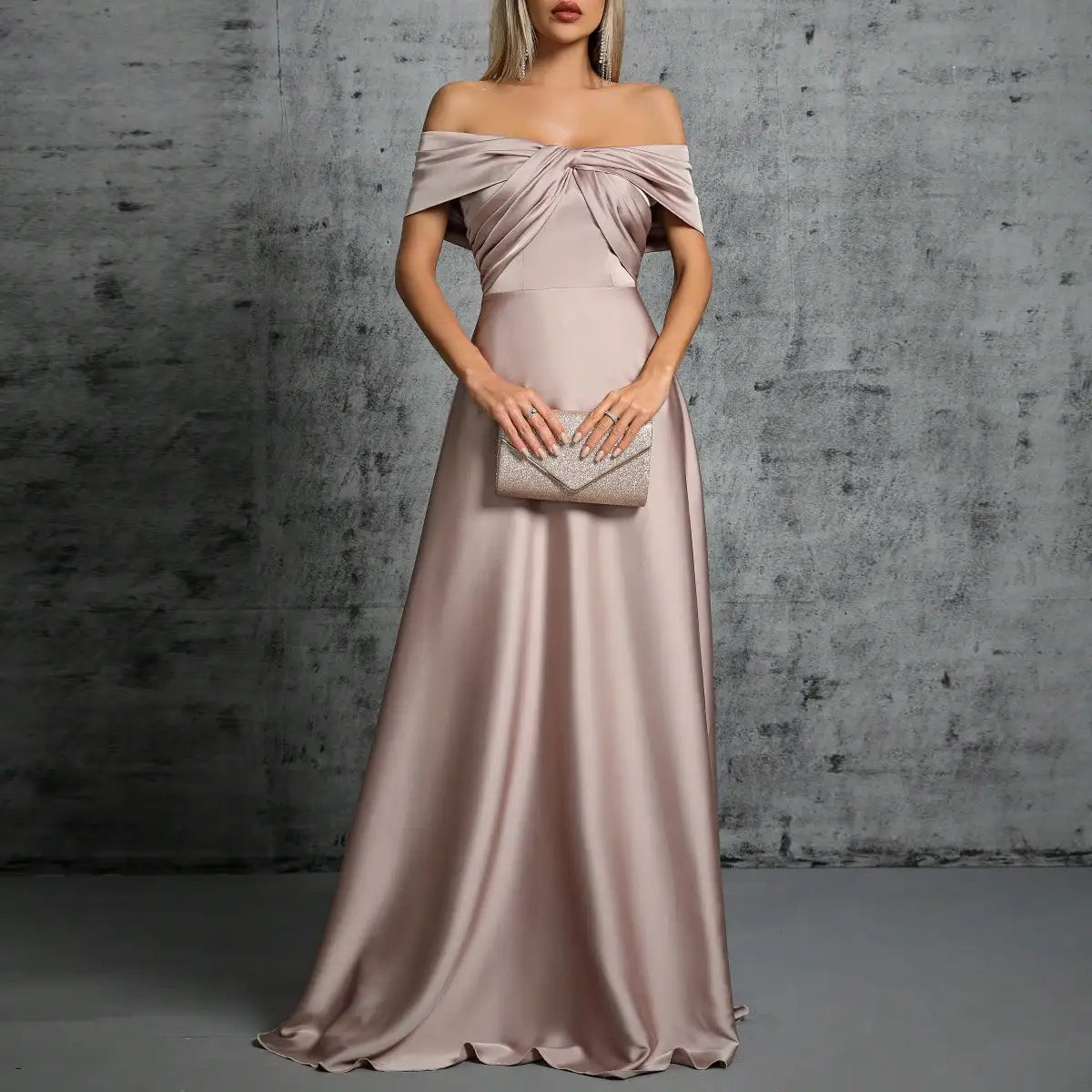 Line neck irregular cross pleated satin gown