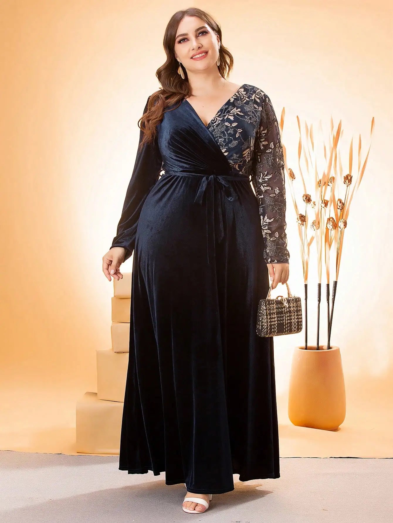 Plus size irregular cross sequin embroidered stitching velvet Party dress