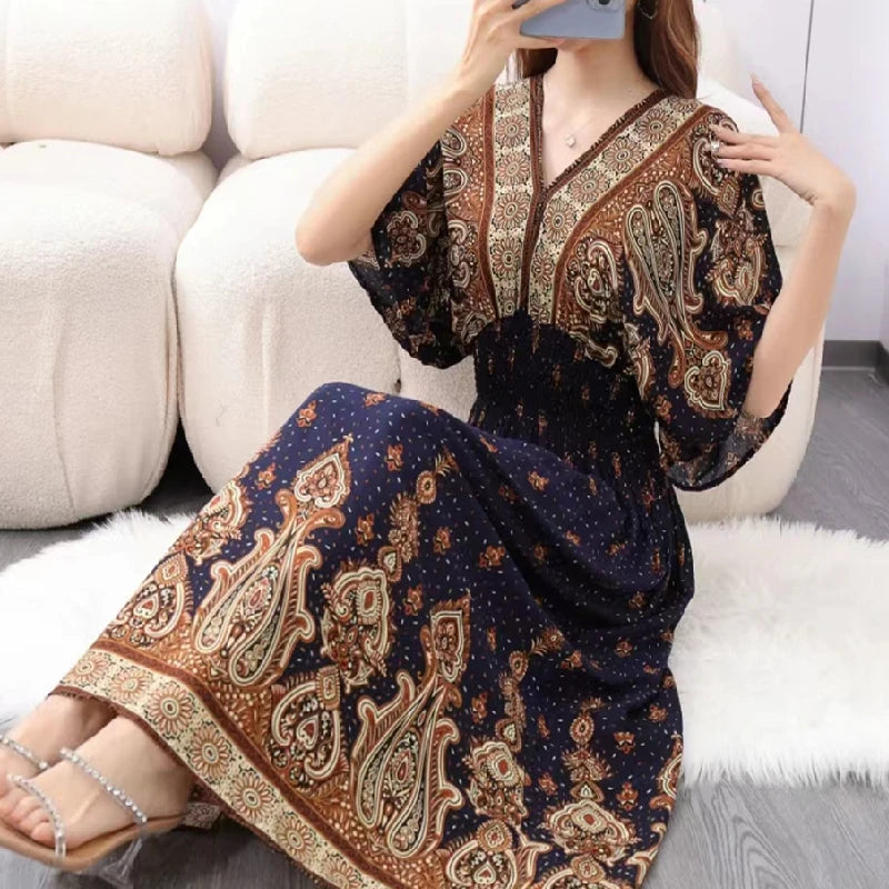 Print Batwing Sleeve Elastic High Waist Dress