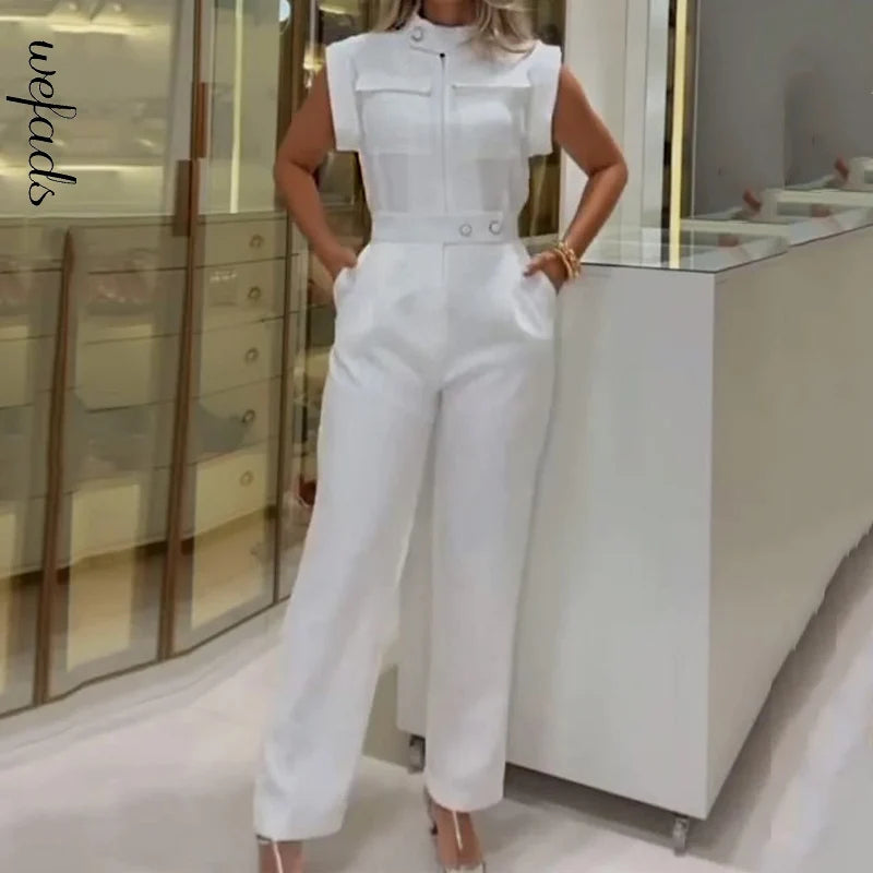 Solid Sleeveless Round Neck Nipped Waist Loose Pants Jumpsuit