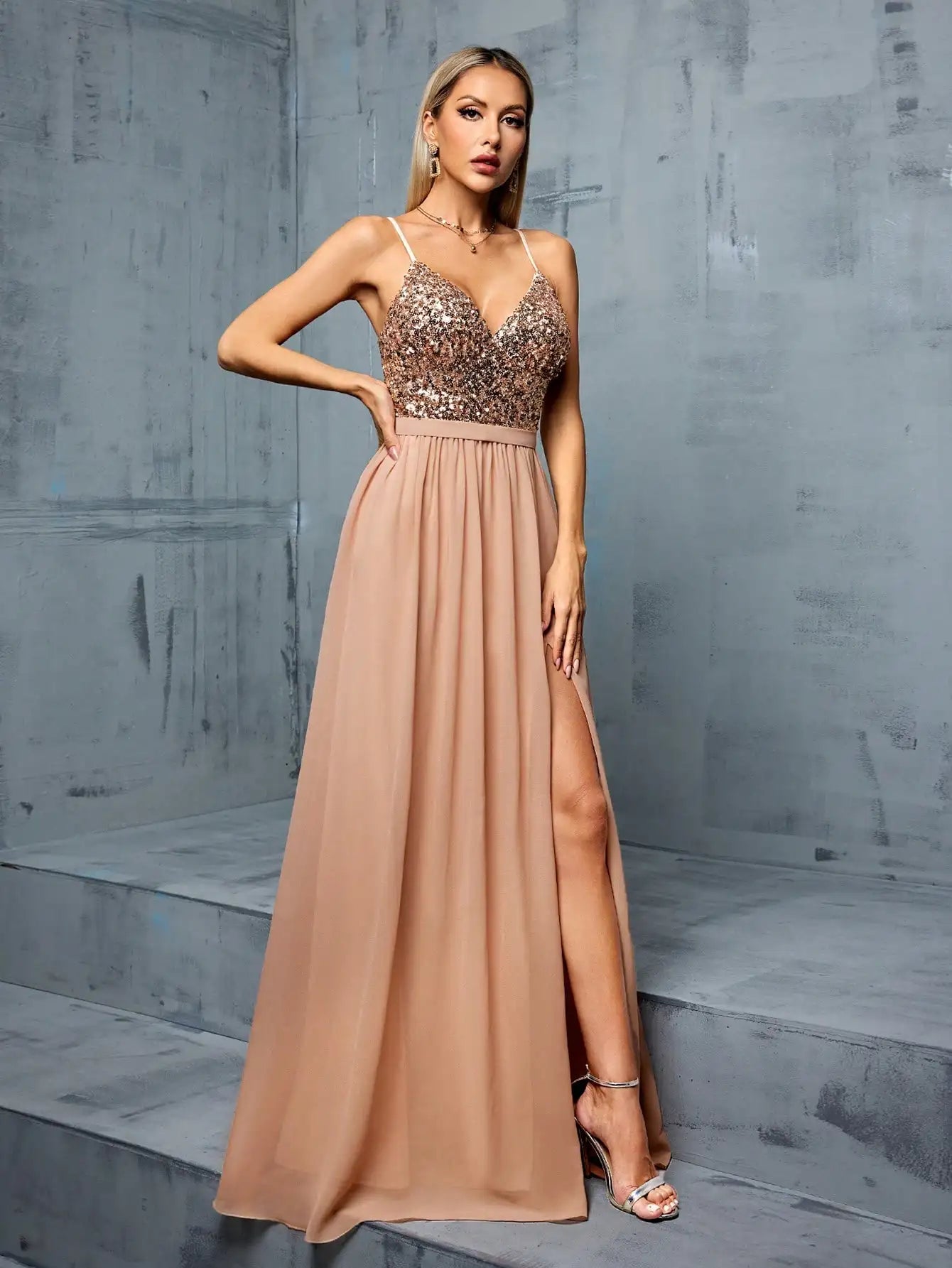 Deep V Sequin chiffon split Prom dress