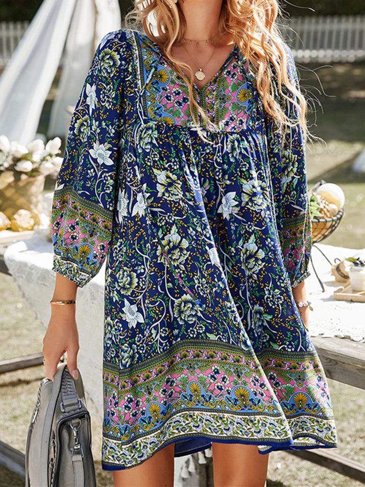 Floral Print A-Line Summer Fall Mini Dress