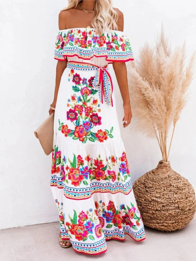 Boho  Print Slash Neck Maxi Dress