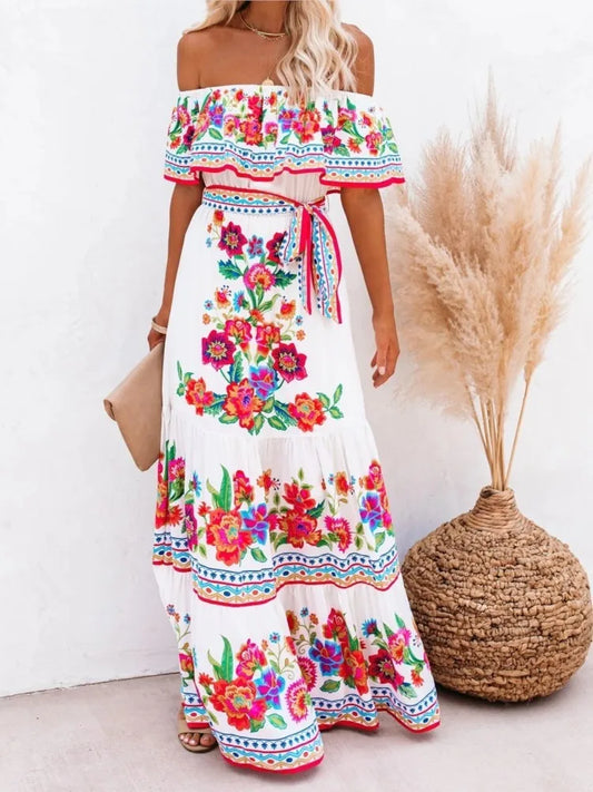 Boho  Print Slash Neck Maxi Dress