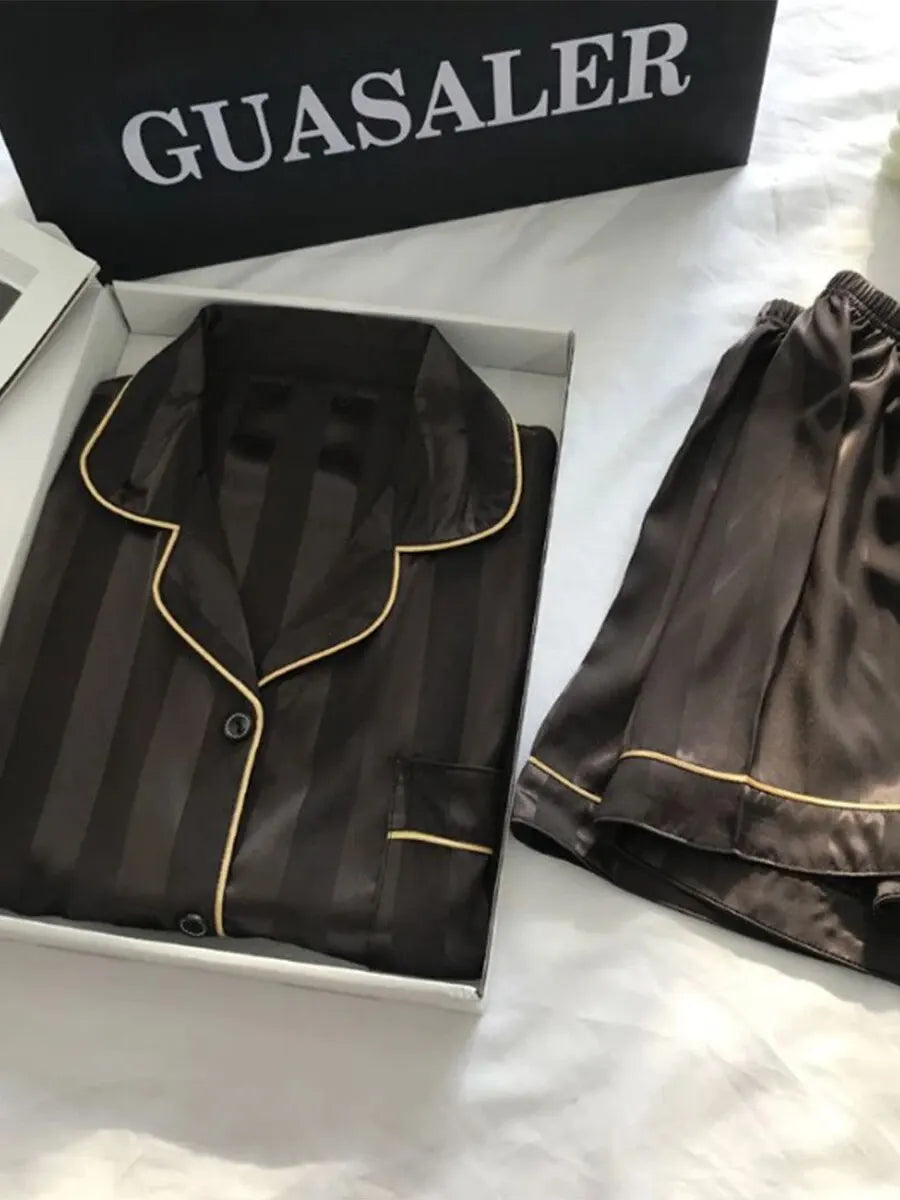 Women's Elegant Satin Striped Button Up Lounge Set