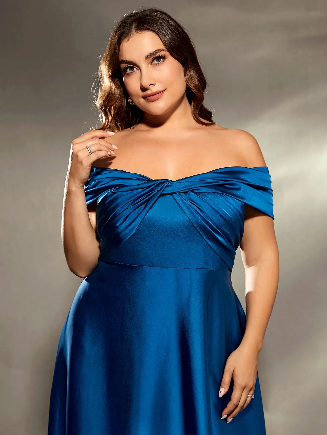 Plus size  Line neck irregular cross neck satin Evening gown
