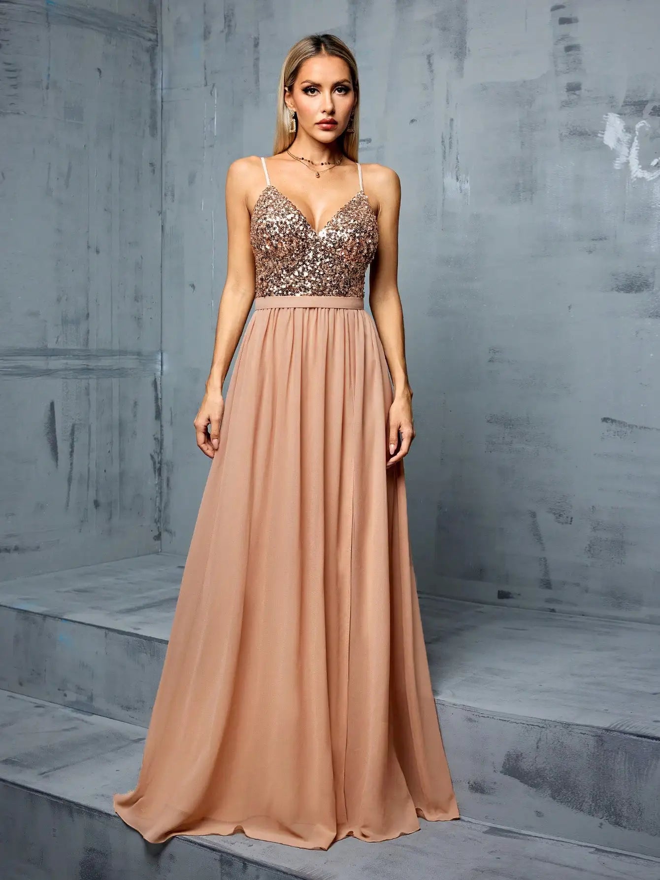 Deep V Sequin chiffon split Prom dress