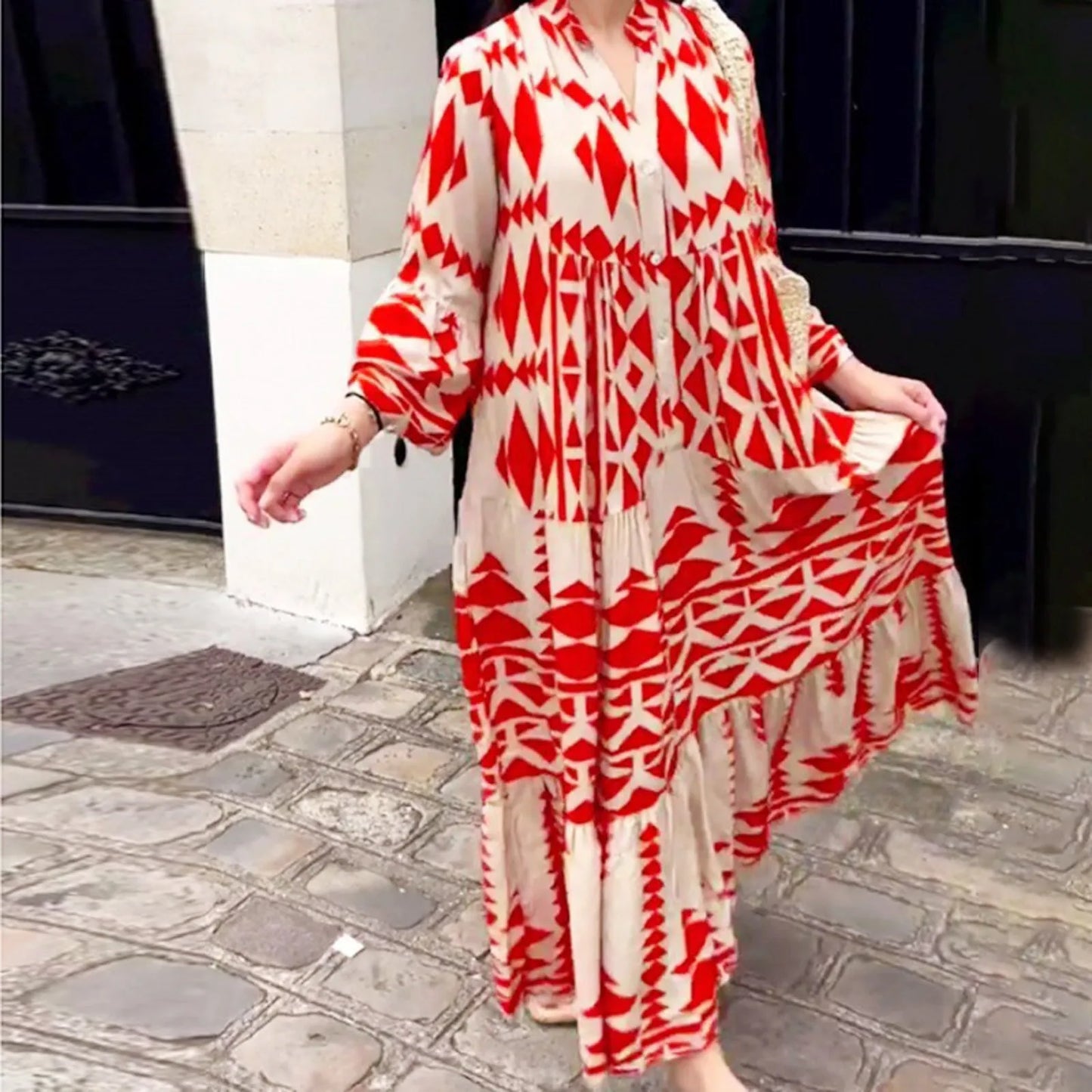 Long Sleeve Pleated Boho Print Shirt Dress